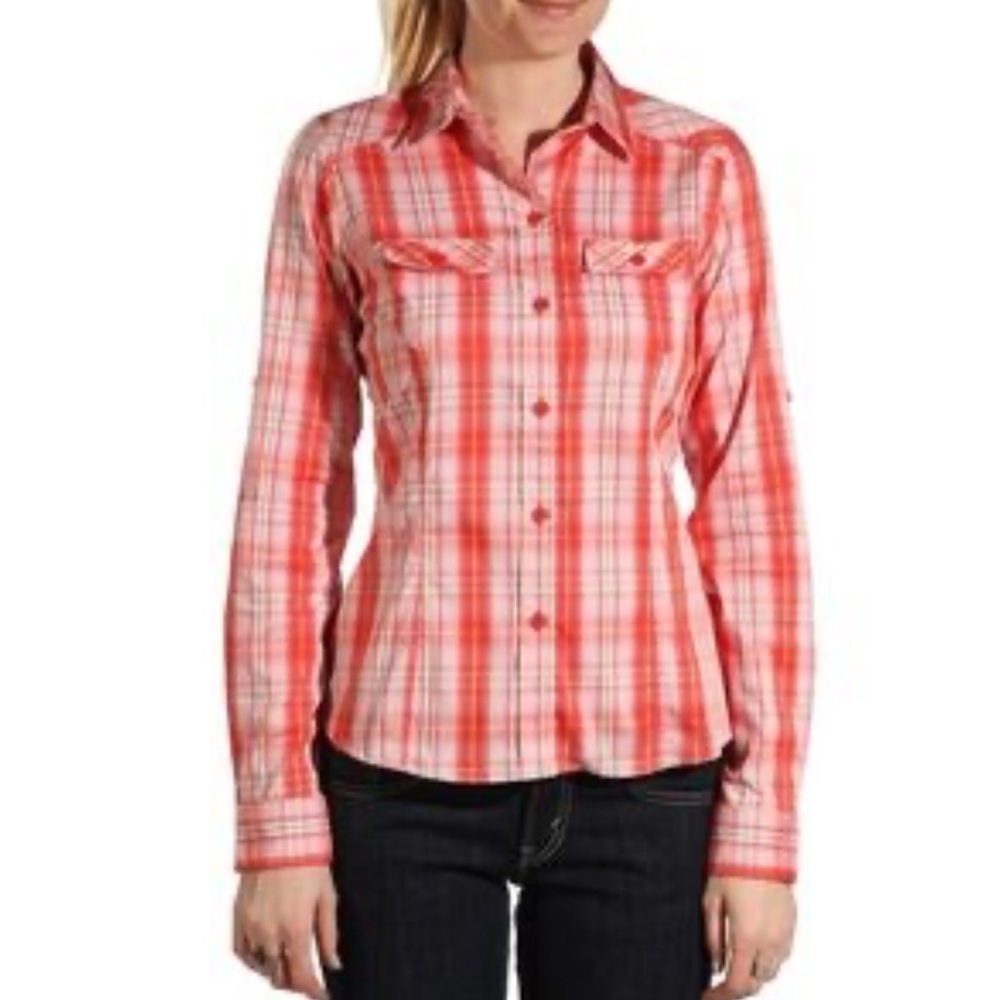 Arc’teryx Pink and White Plaid Button-Up Shirt with roll tab sleeves
